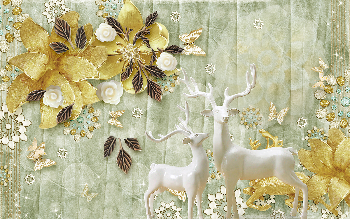 A white deer statue with gold flowers and butterflies