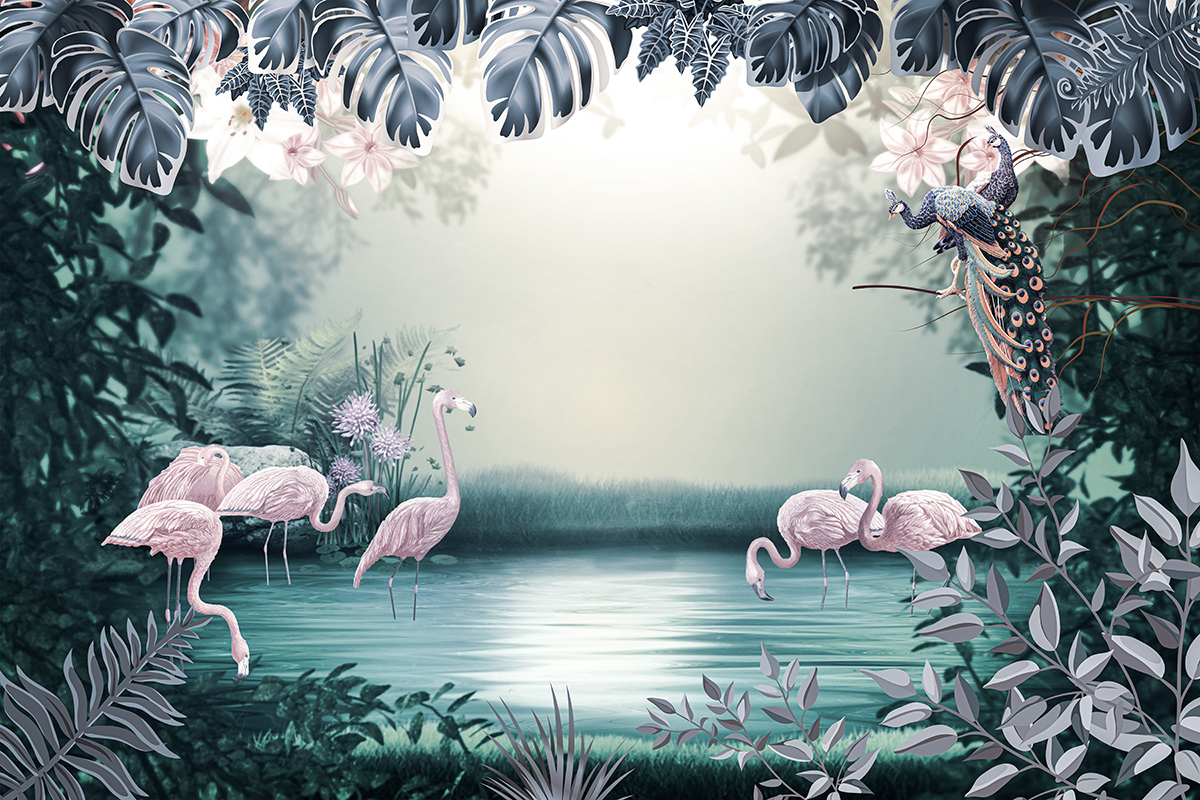 A group of flamingos in a pond