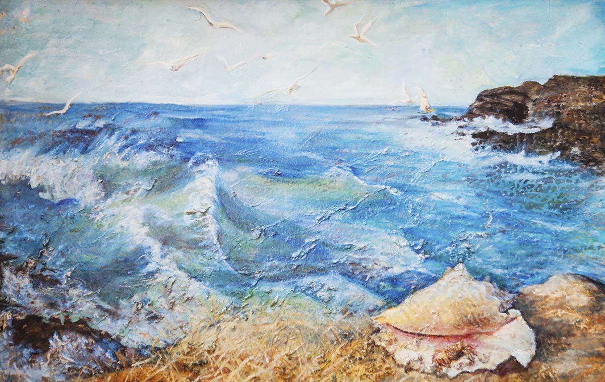 A painting of a sea shore