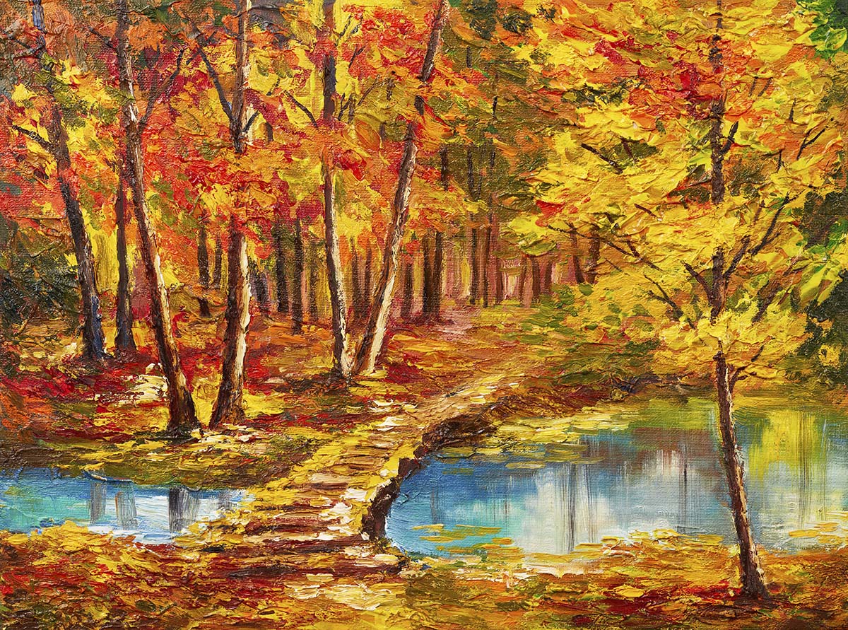 A painting of a path through a forest with trees and water