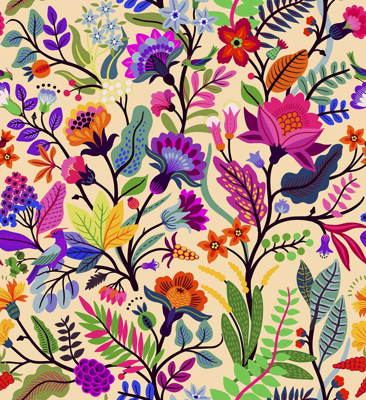 A colorful floral pattern on a beige background