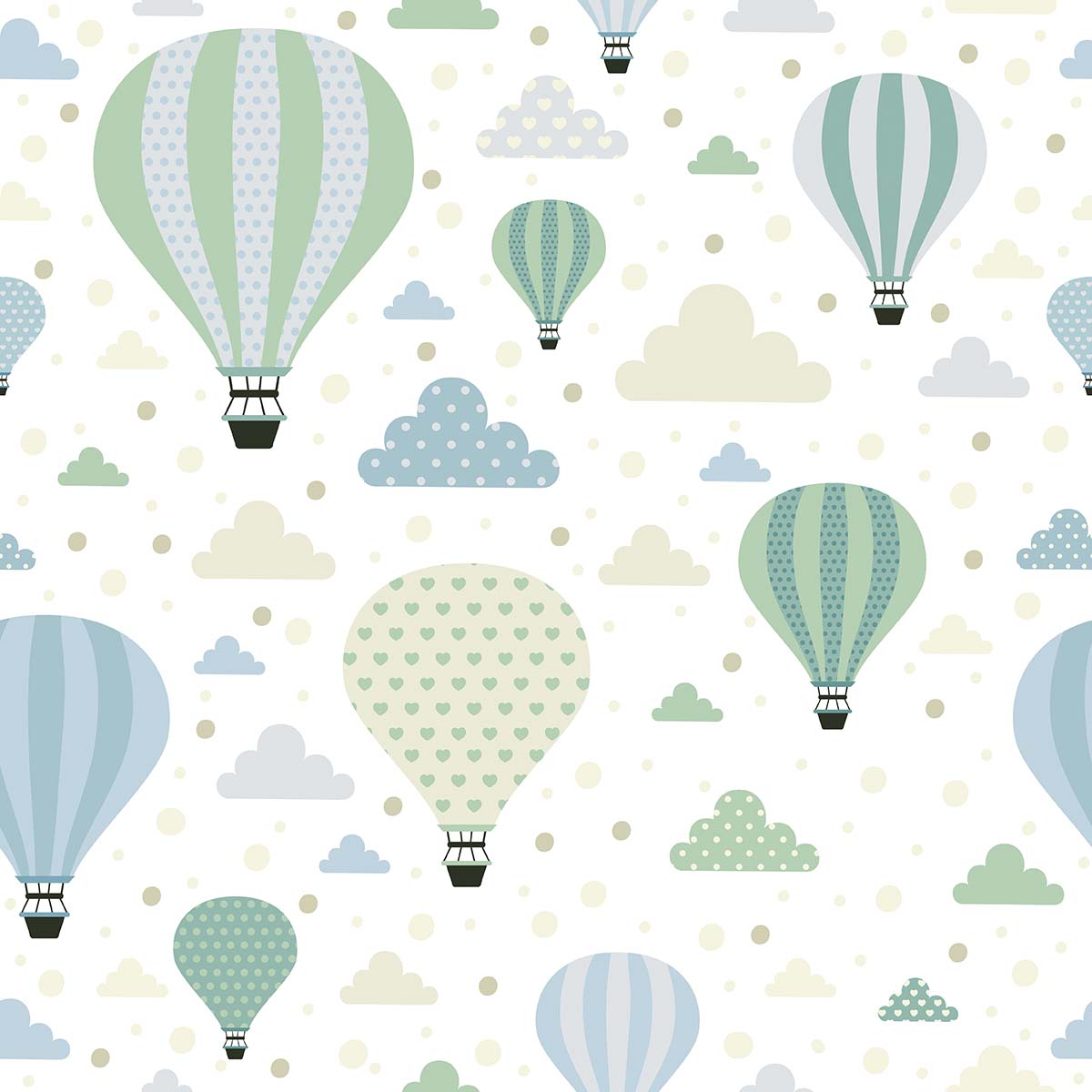 A pattern of hot air balloons and clouds