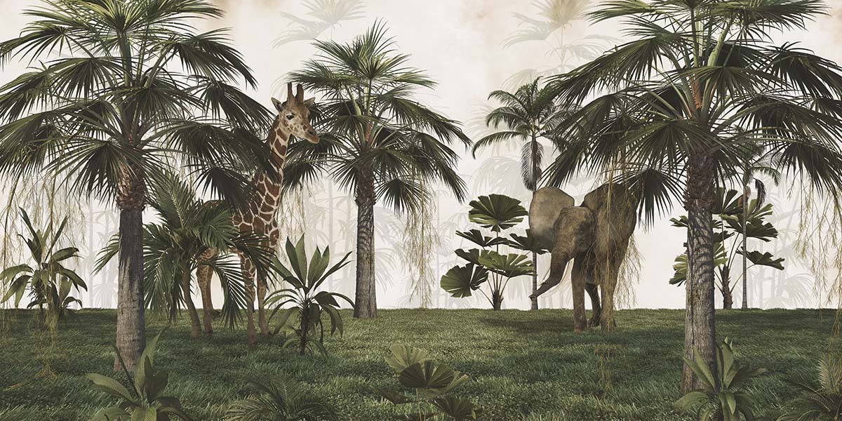 Giraffe and elephant in a grassy area with palm trees