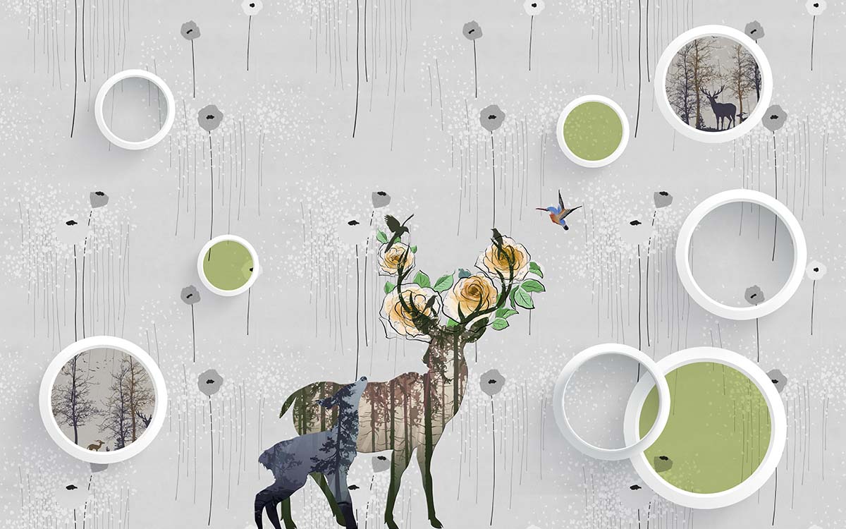 A wallpaper with a deer and flowers