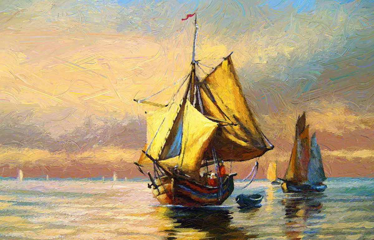 A painting of a couple of boats on water