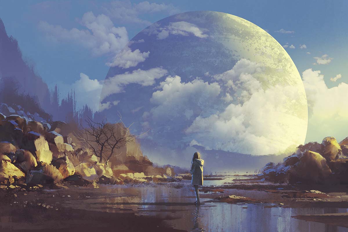 A woman standing in a puddle with a large planet in the background