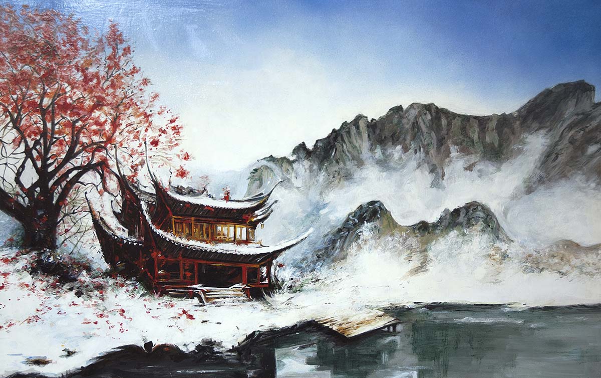 A painting of a building next to a lake