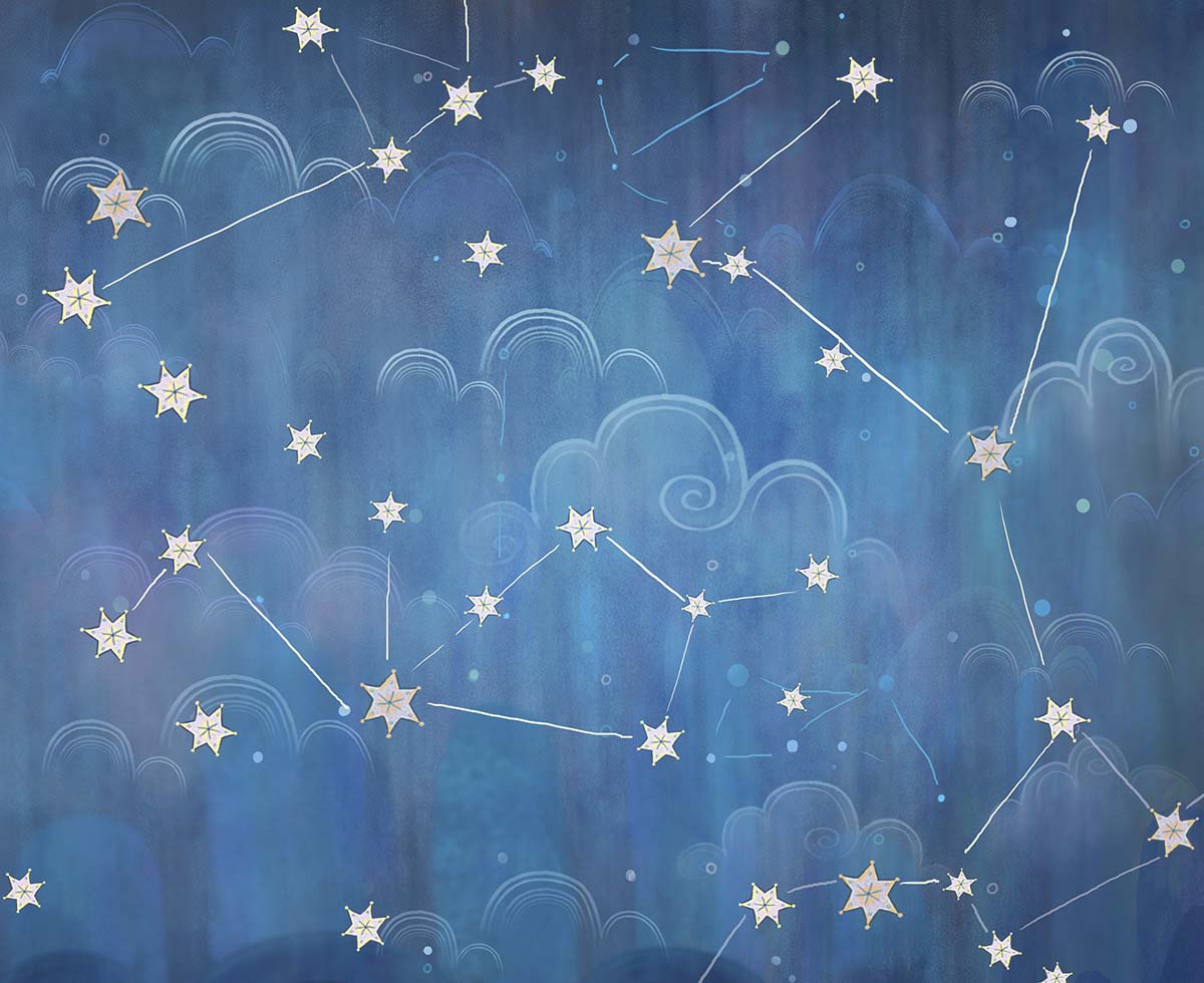 A blue background with stars and clouds