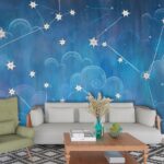 A blue background with stars and clouds