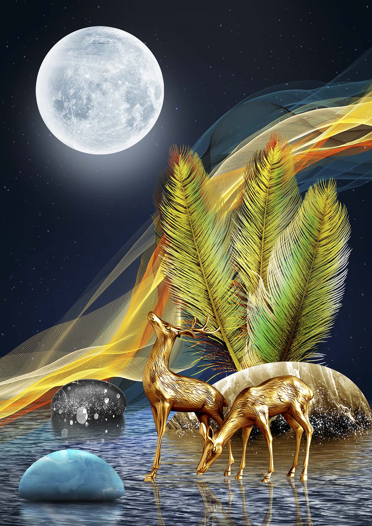 A golden deer standing in water with palm leaves and a full moon