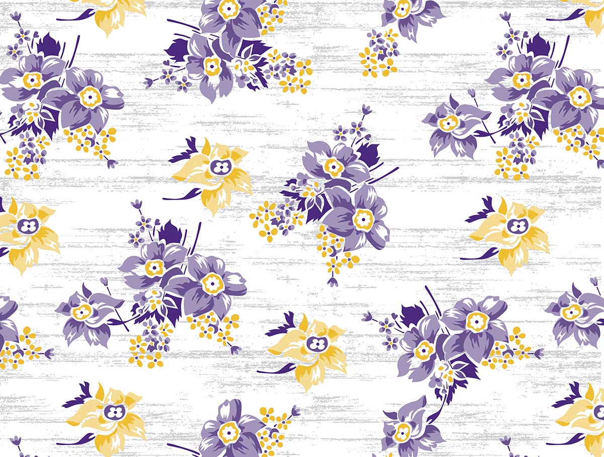 A pattern of purple and yellow flowers