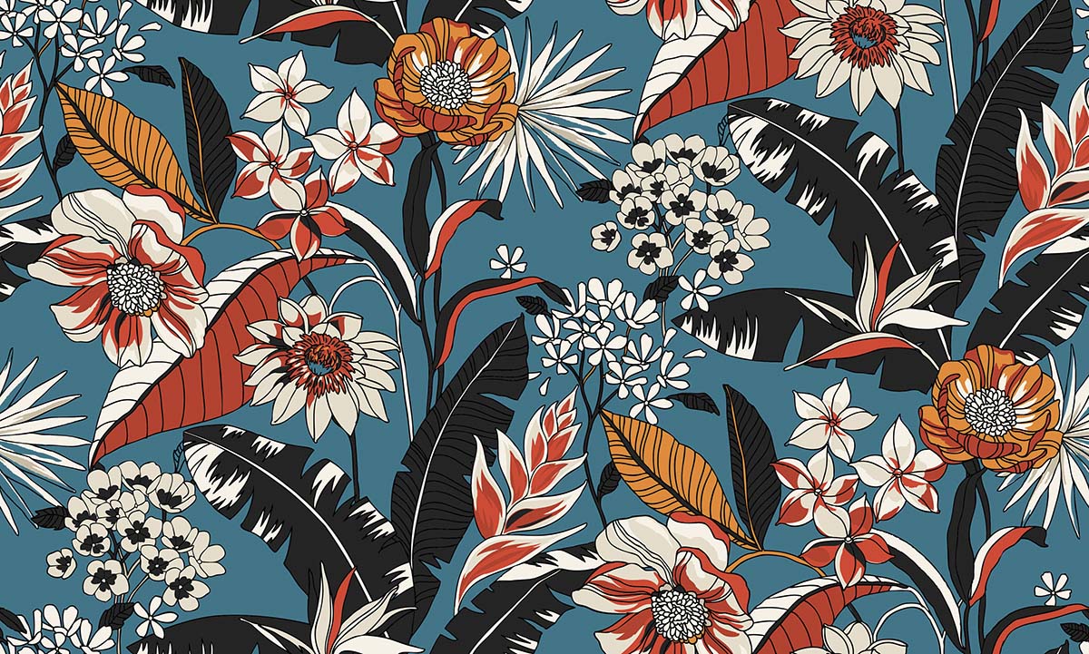 A colorful floral pattern on a blue background