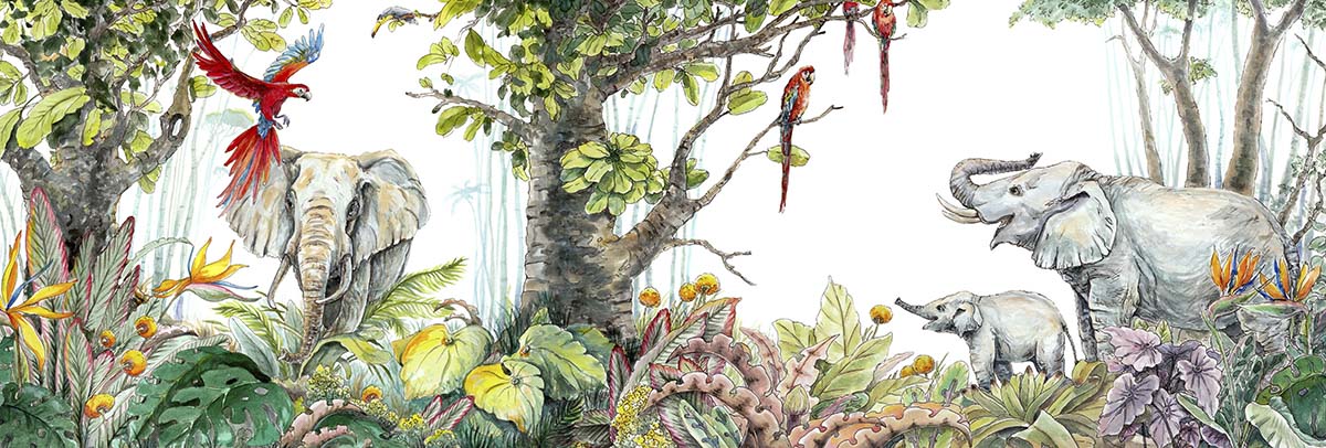 A painting of a tree with plants and birds