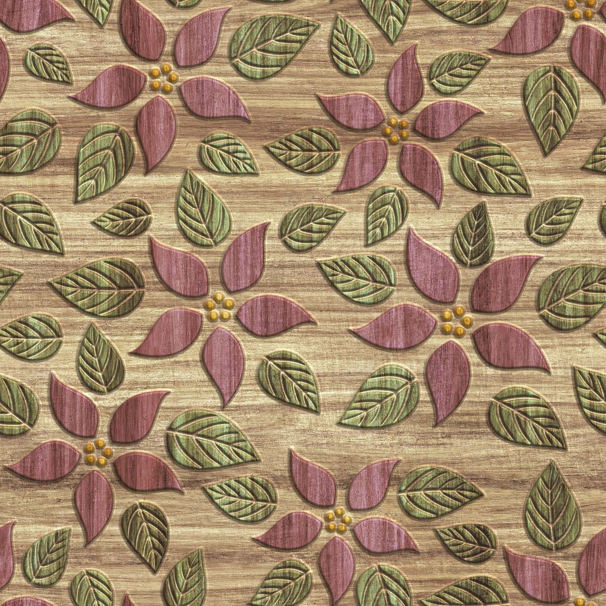 A pattern of flowers and leaves on a wood surface