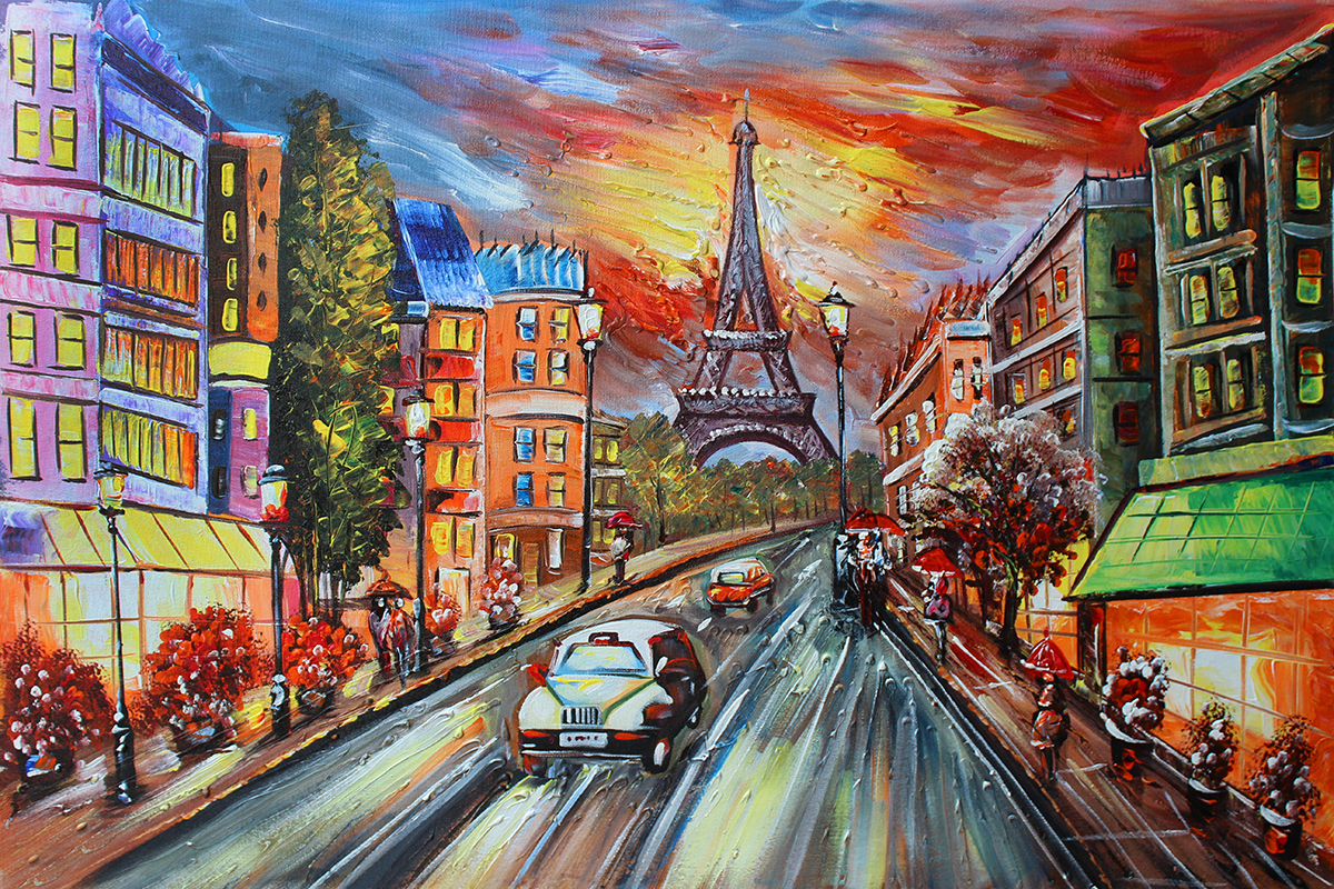 A painting of a street with a tower in the background