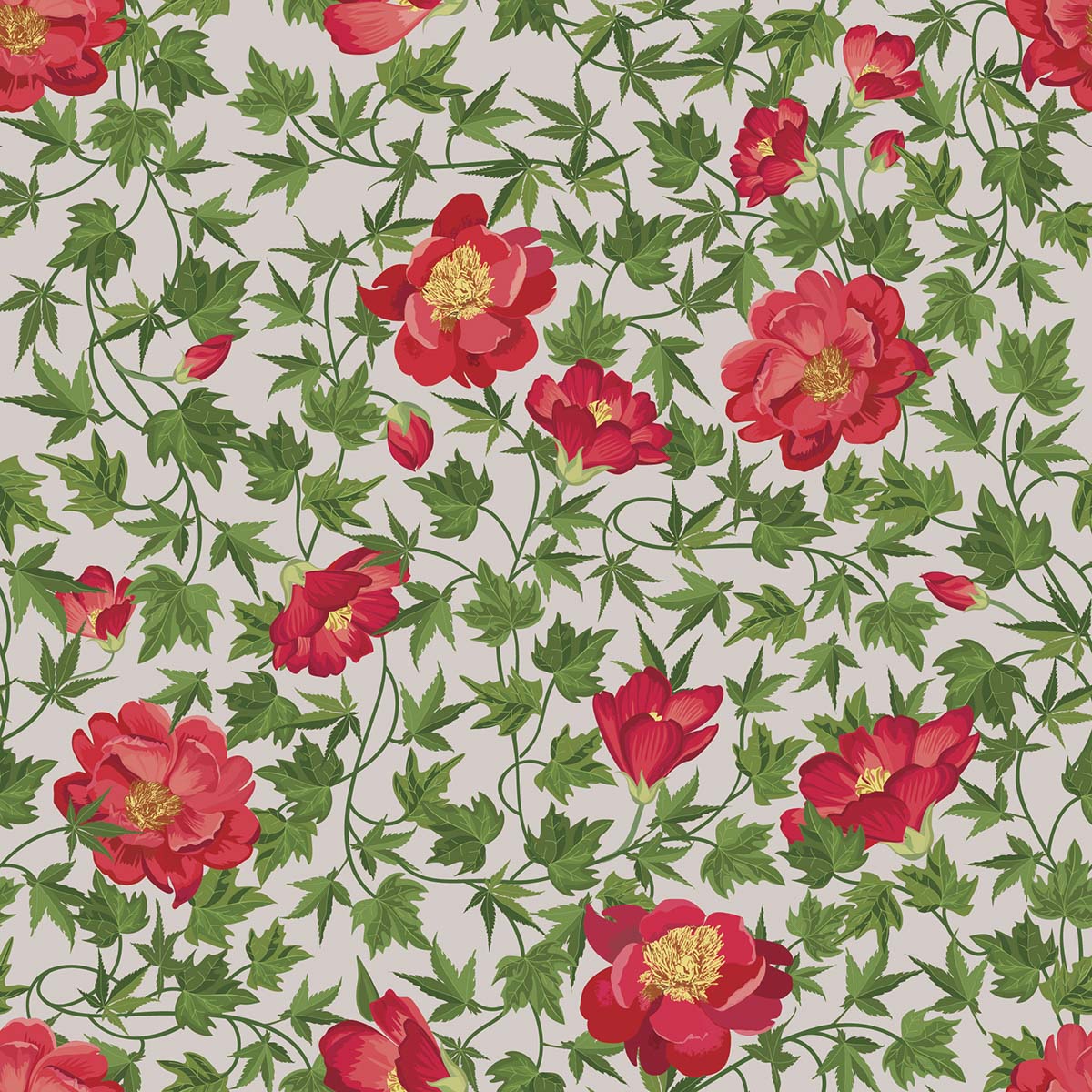 A pattern of red flowers and green leaves