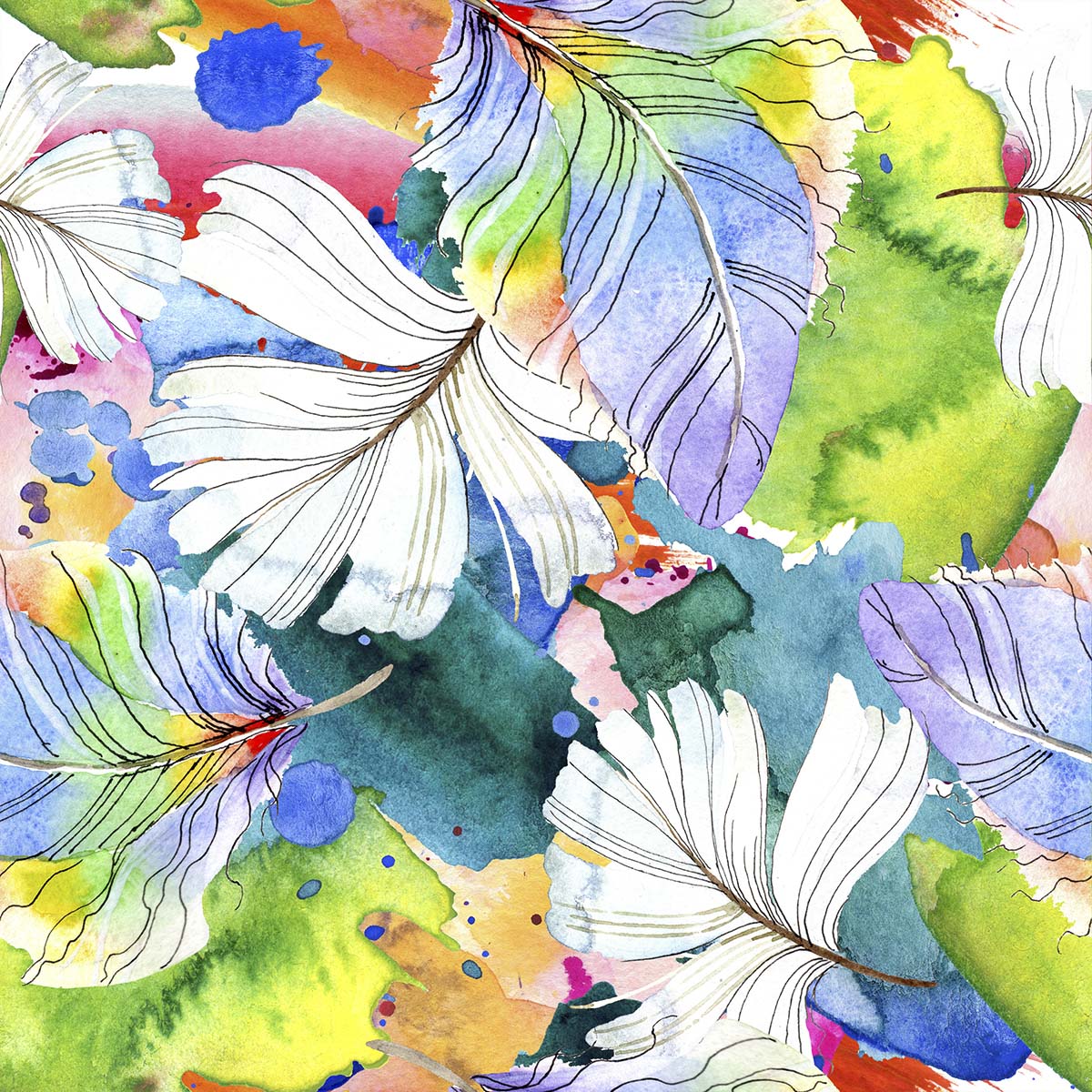 A colorful watercolor painting of feathers