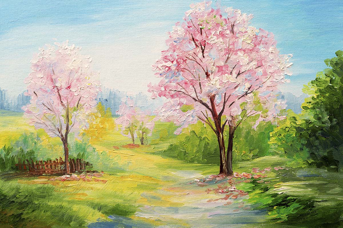 A painting of pink trees and grass