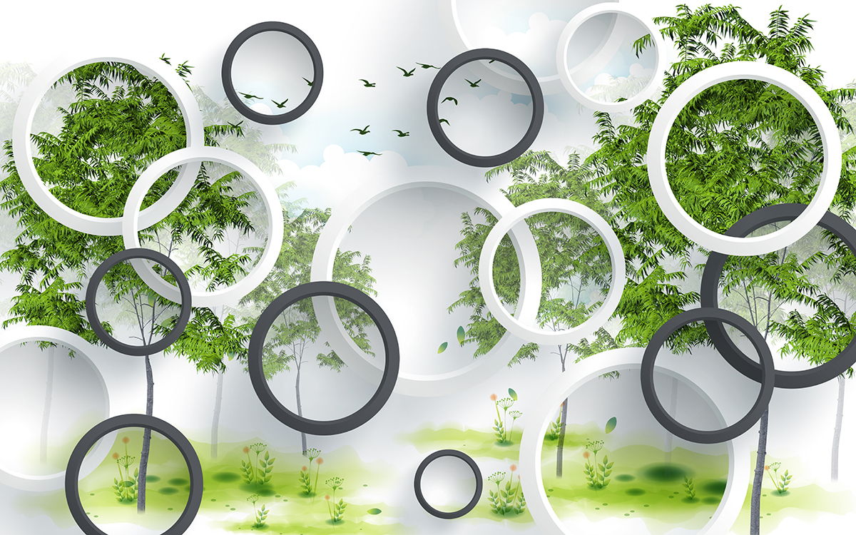 A wallpaper with circles and birds flying