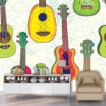 A pattern of colorful guitars