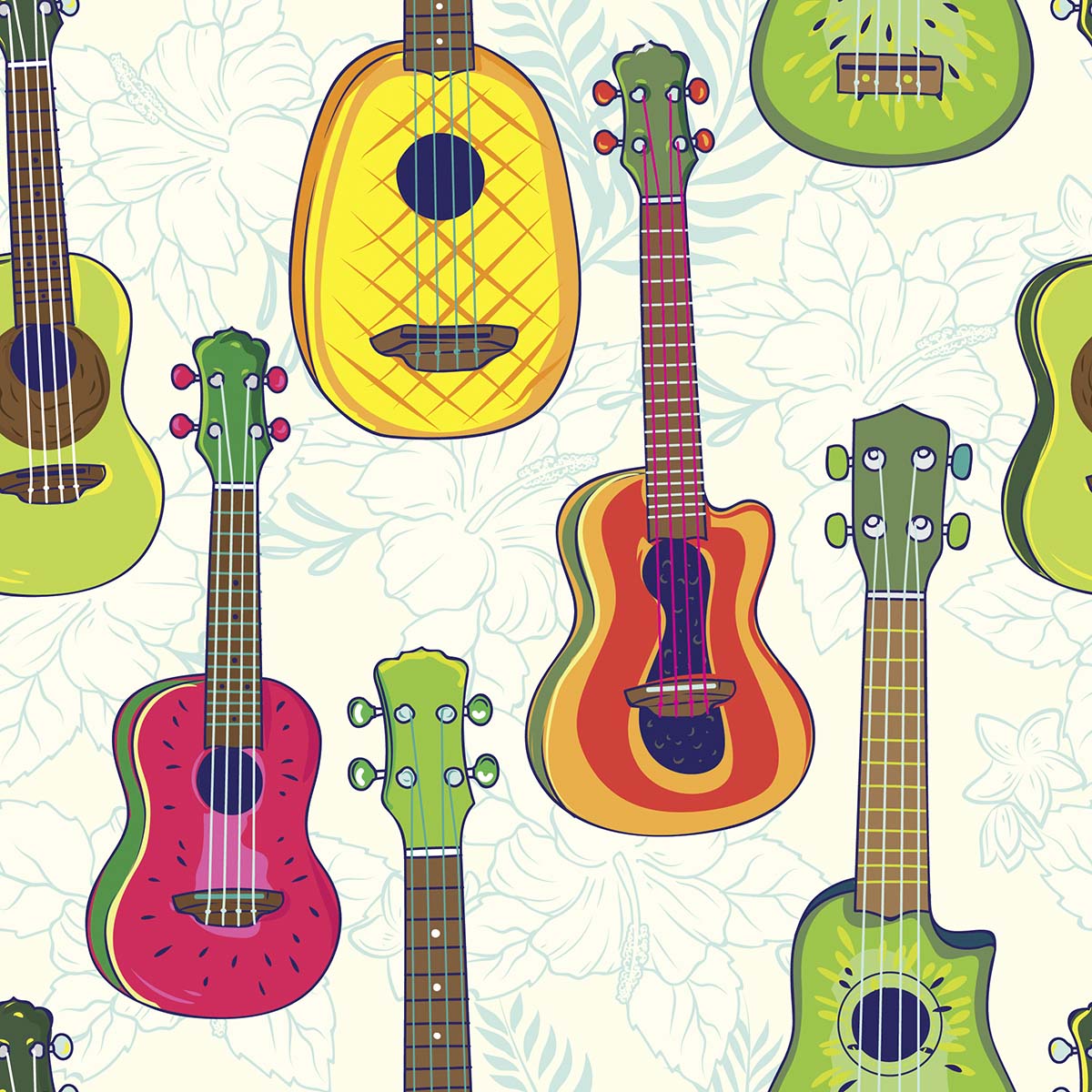 A pattern of colorful guitars