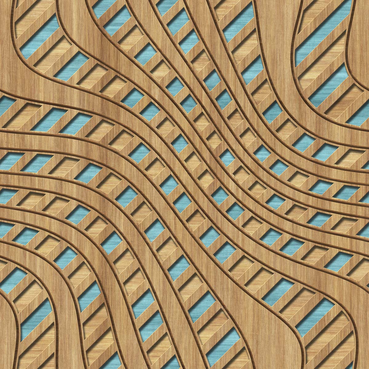 A wood panel with blue lines