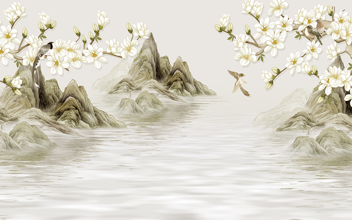 A water with white flowers and mountains