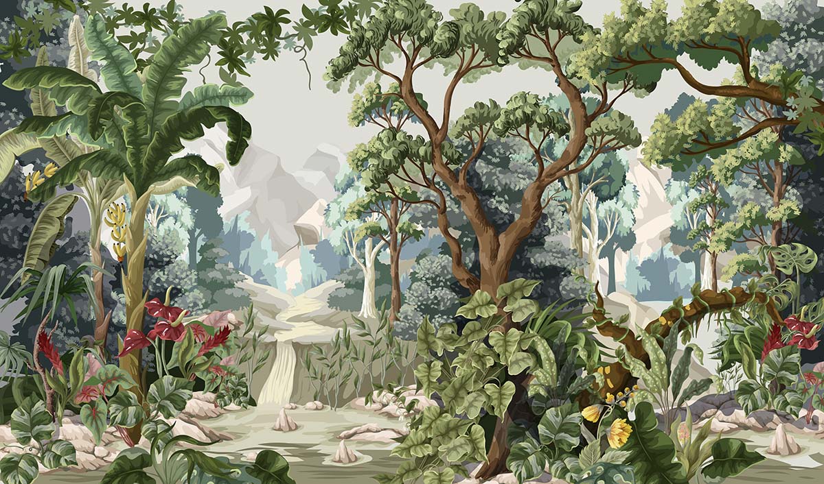 A painting of a forest with trees and plants