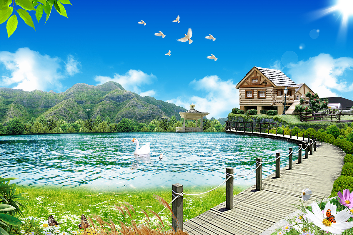 A wooden walkway leading to a lake with a house and mountains in the background