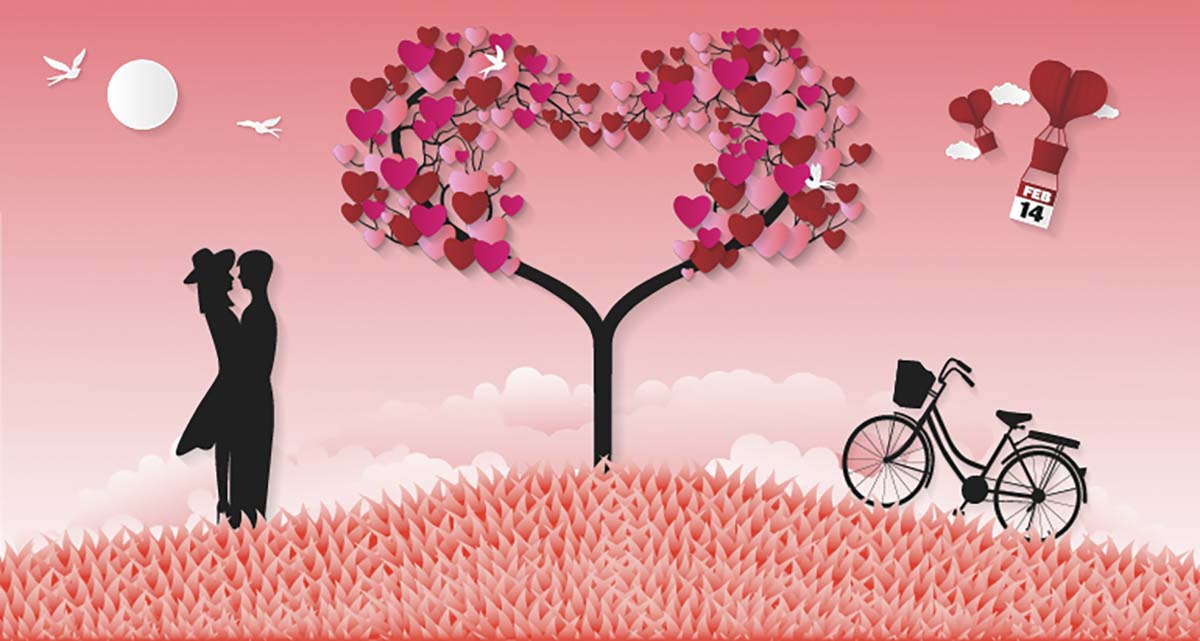 A tree with hearts and a bicycle in the shape of a heart