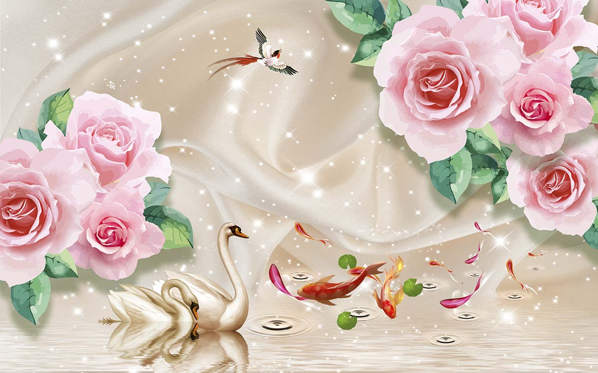 A swan and koi fish in water with roses and leaves
