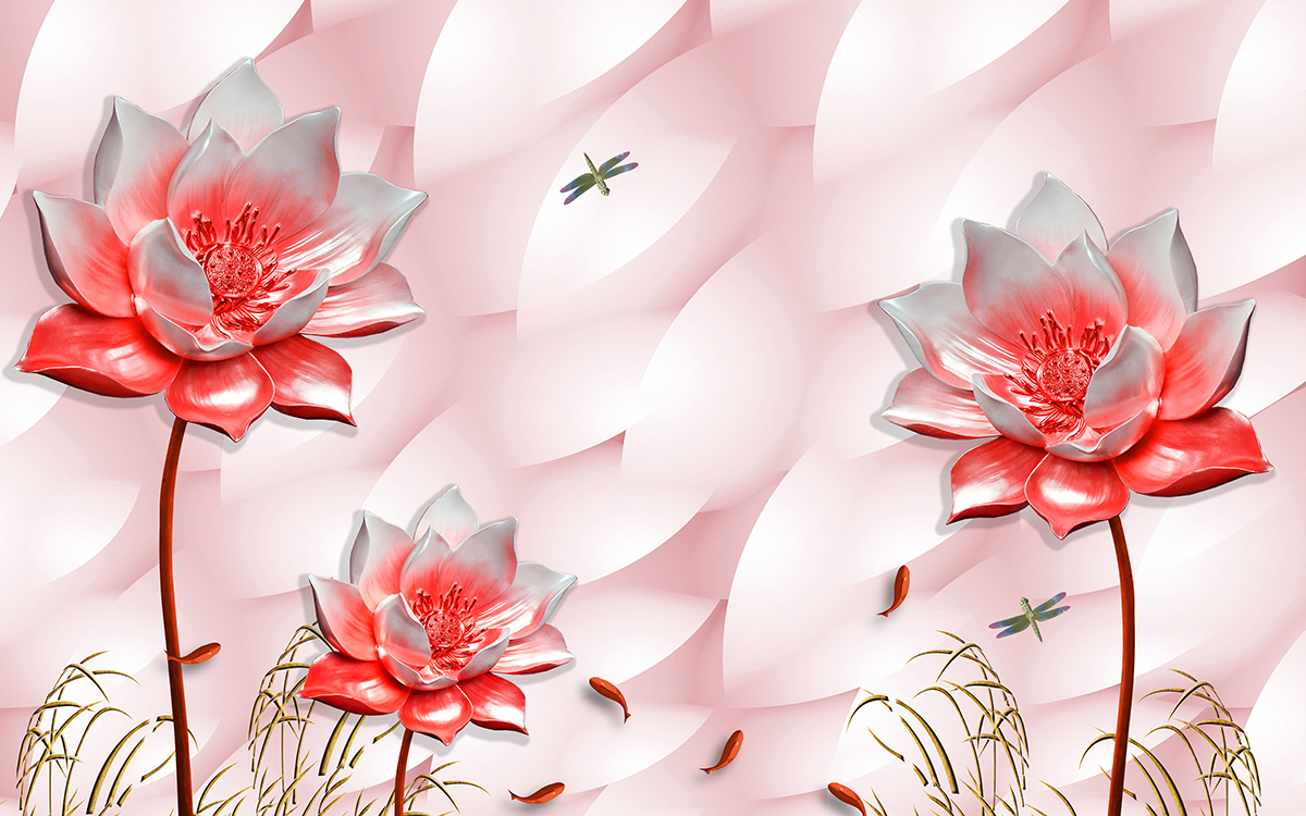 A wallpaper with flowers and dragonflies