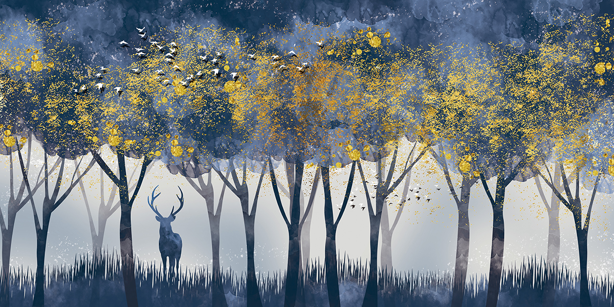 A painting of a deer in a forest