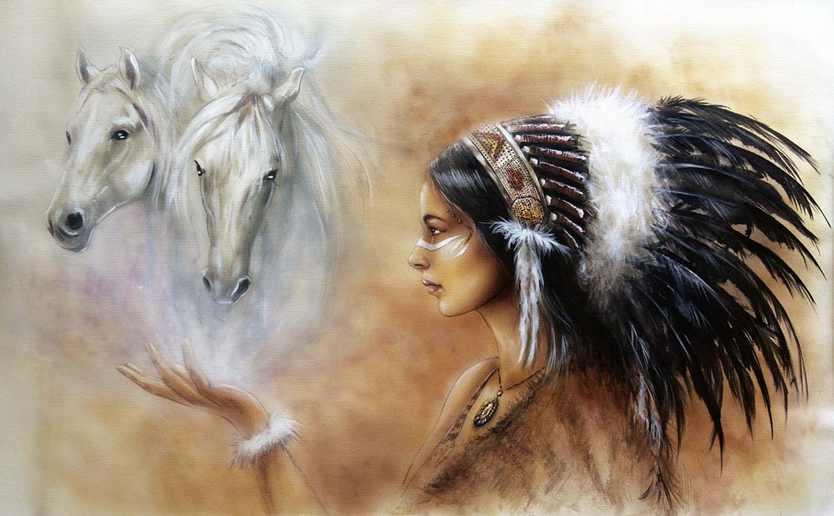 A woman with a feathered headdress and a horse