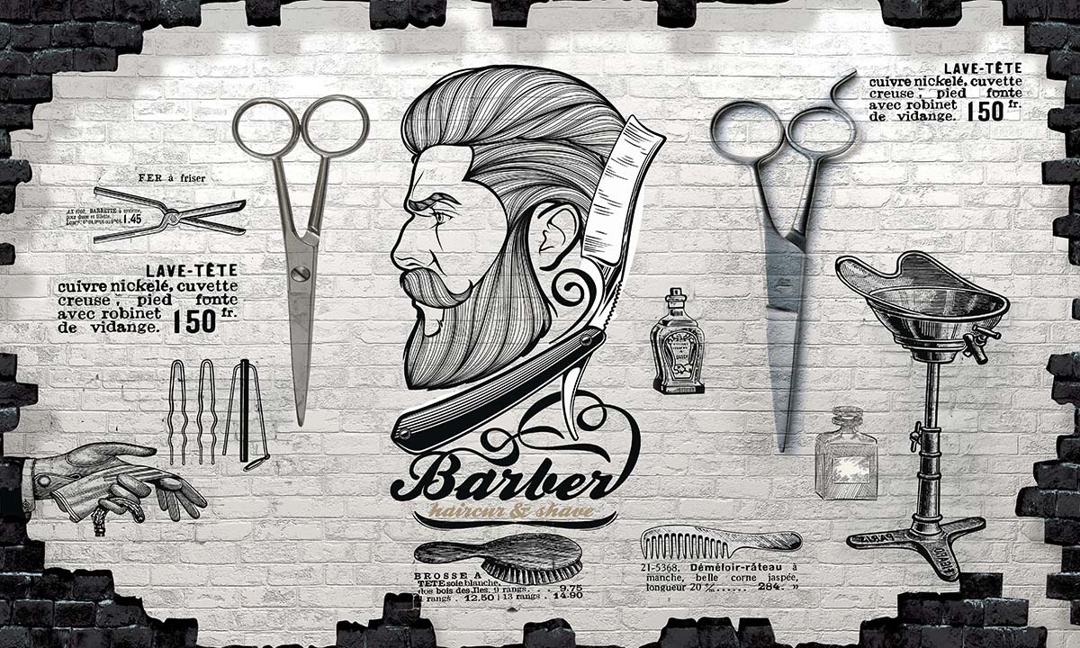A drawing of a man with a beard and scissors on a wall