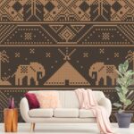 A pattern of elephants and a tent