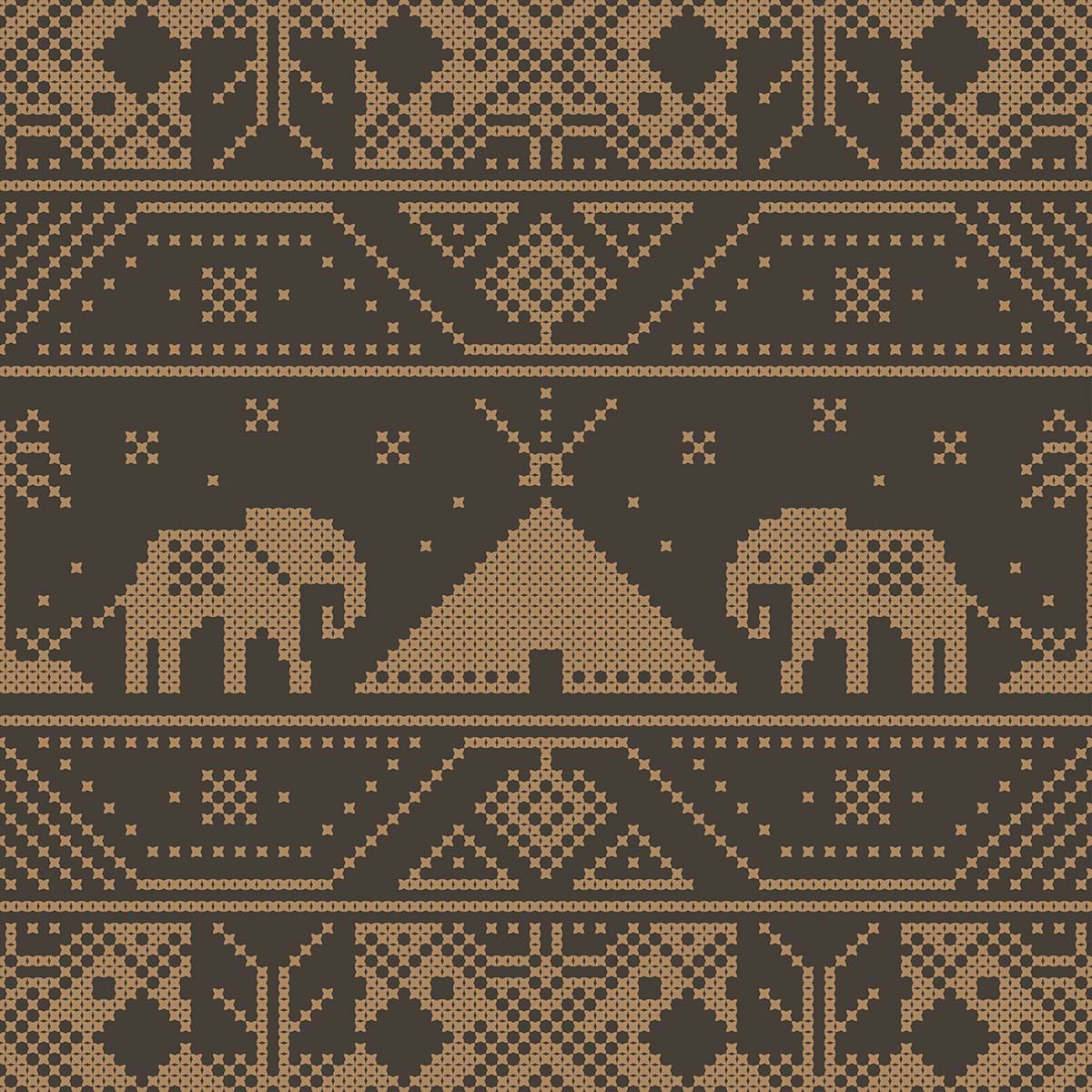 A pattern of elephants and a tent