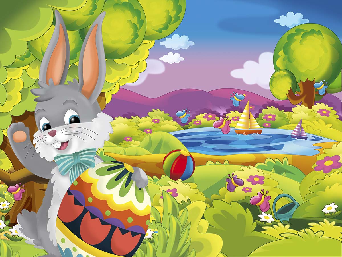 Cartoon Wallpaper of Rabbit in Beautiful Jungle for Kids Room