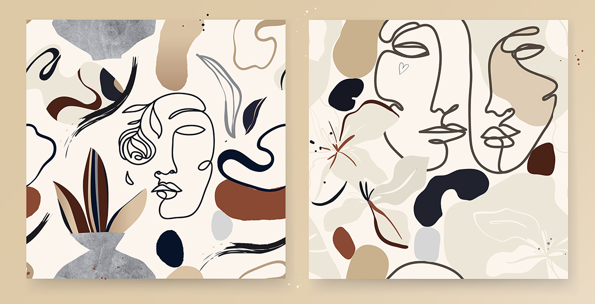 A two posters with abstract faces and flowers