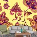 A colorful floral pattern on a yellow background