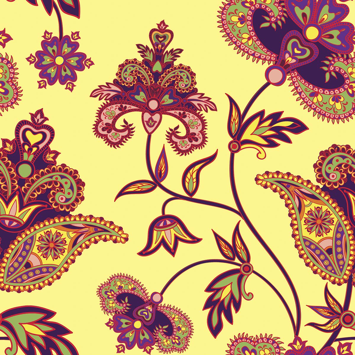 A colorful floral pattern on a yellow background
