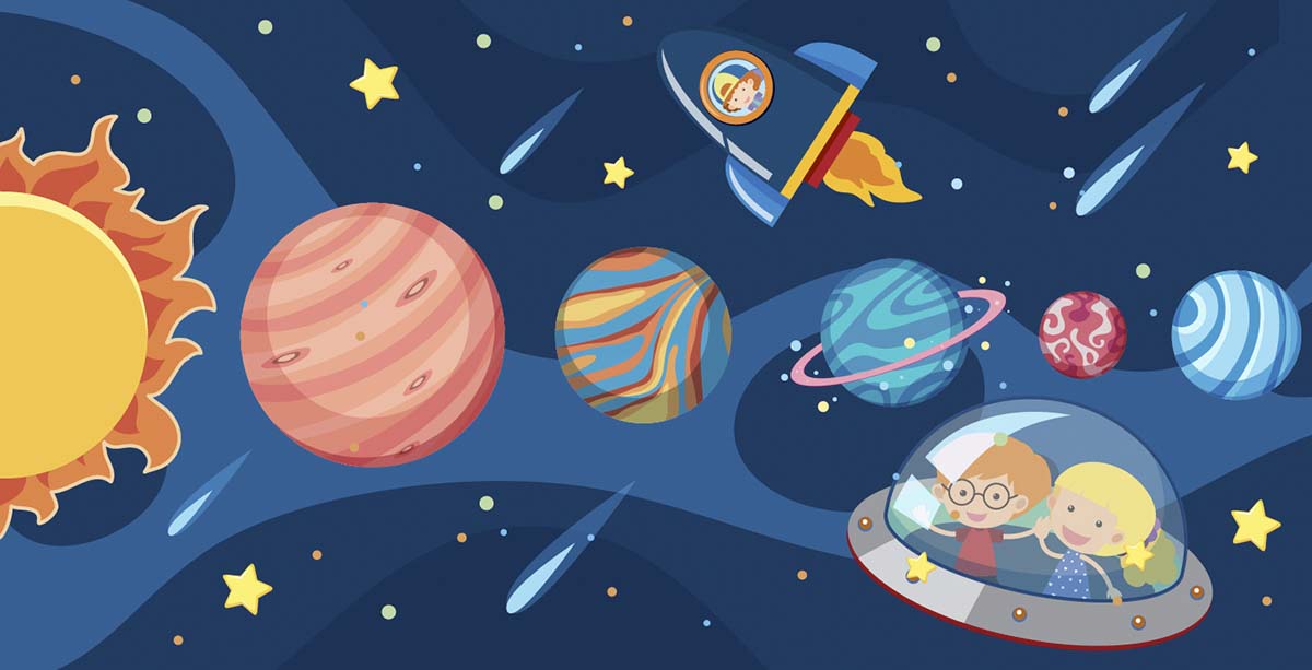 Cartoon of a rocket ship and planets in space