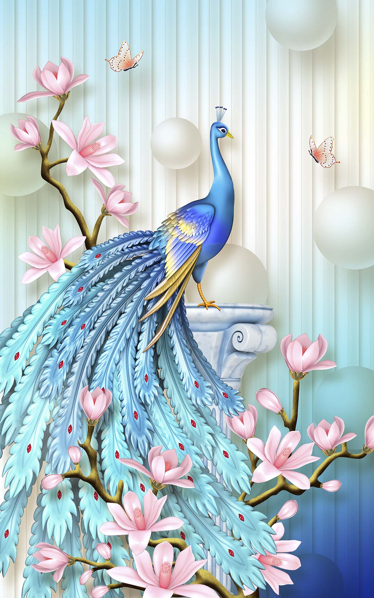 A blue peacock with pink flowers and white balls