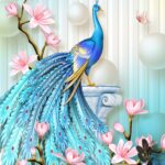 A blue peacock with pink flowers and white balls