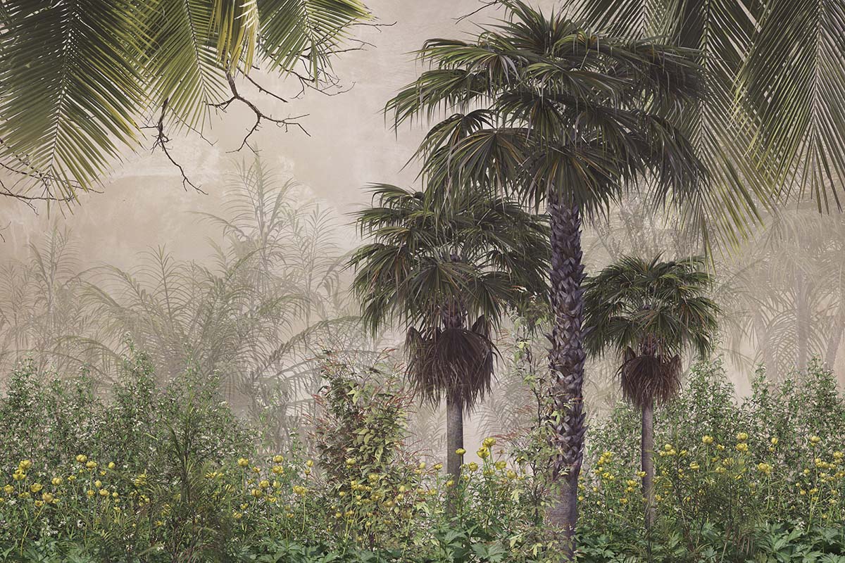 A group of palm trees and plants