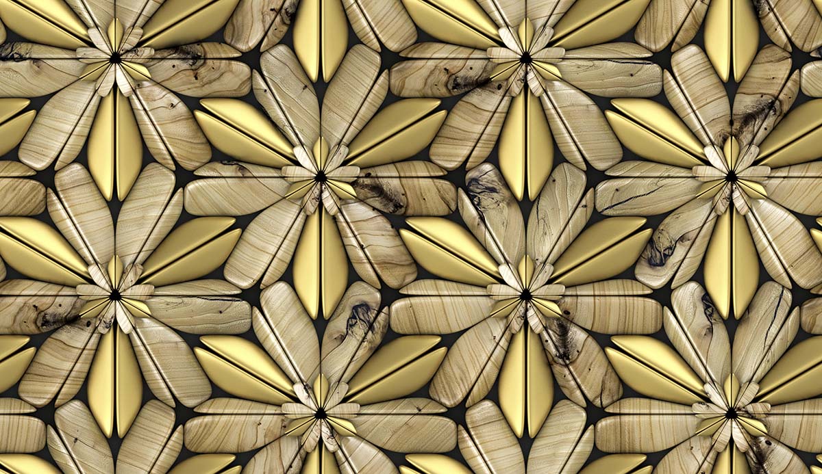 A pattern of wood and gold flowers