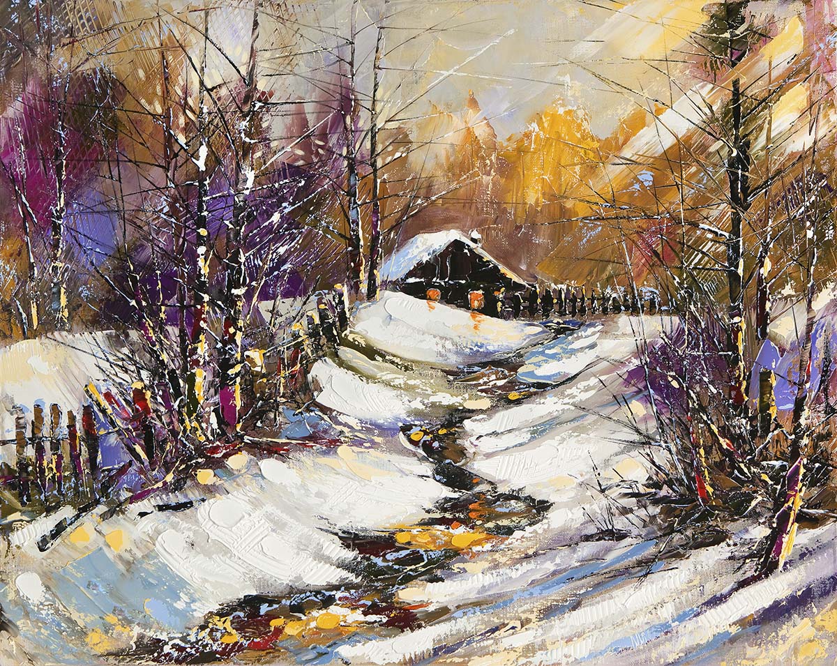 A painting of a house in the snow