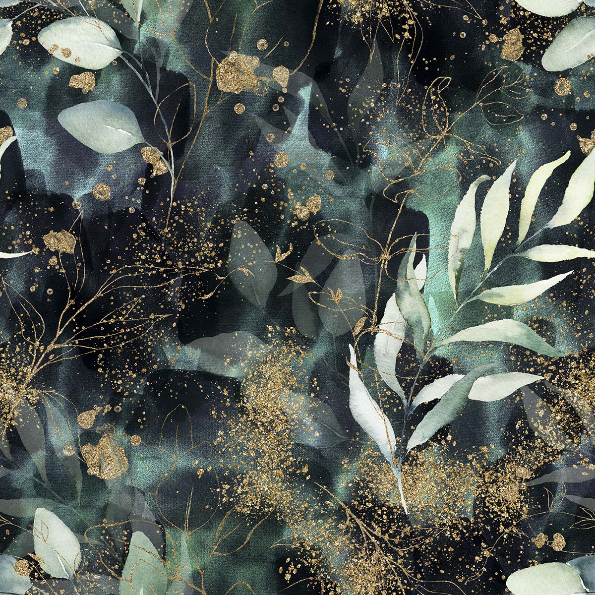 A pattern of leaves and gold splatters
