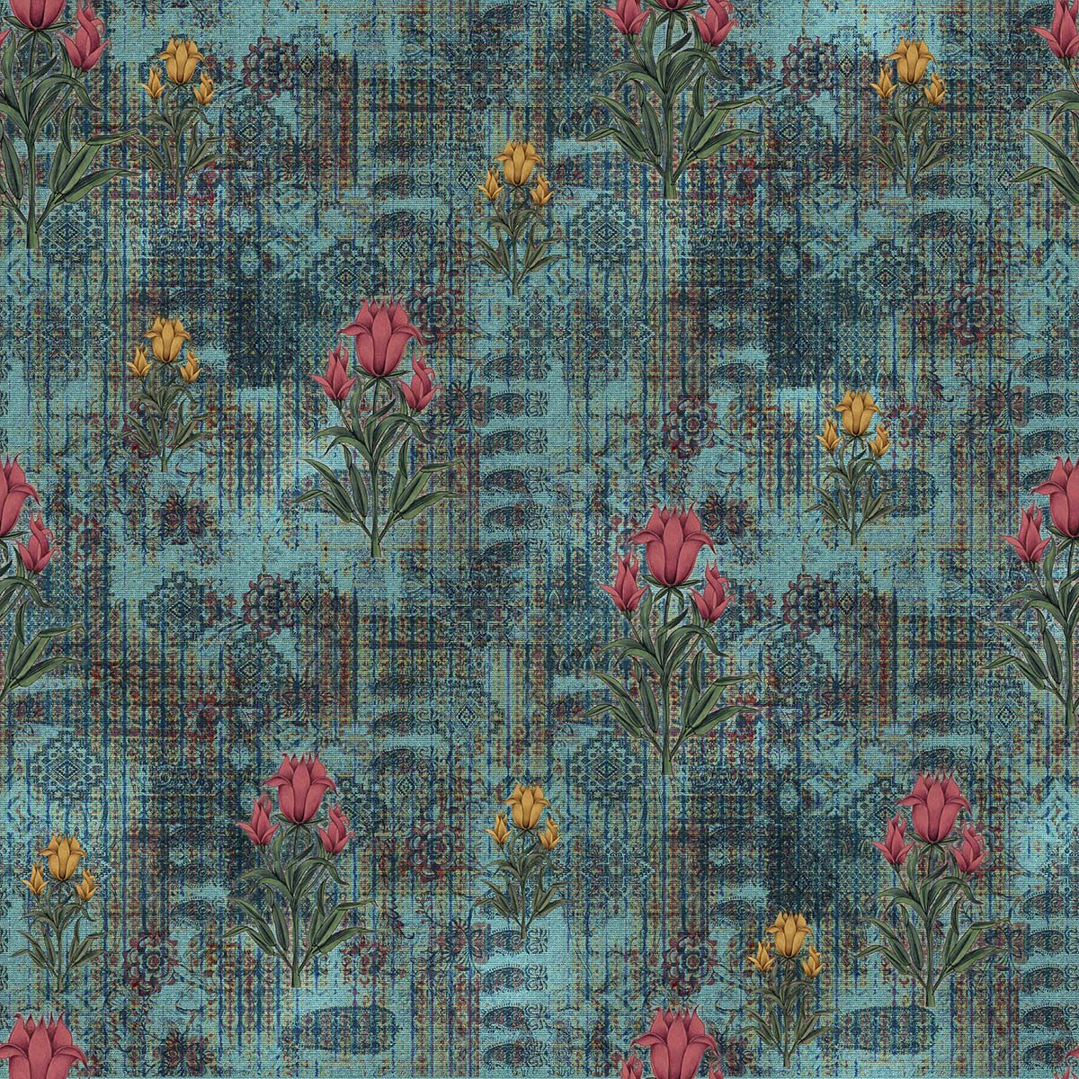 A pattern of flowers on a blue background