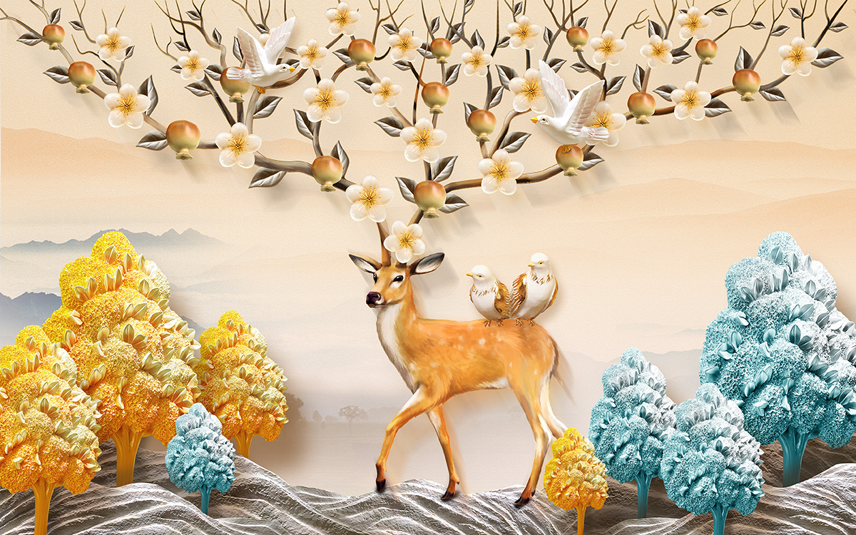 A deer and birds on a tree